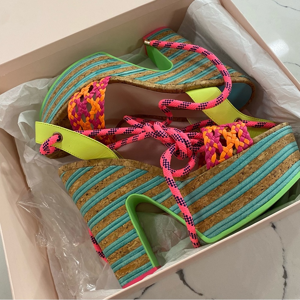 Sophia Webster Multicolor Woven Leather Jade Cork Platform Ankle Wrap Sandals